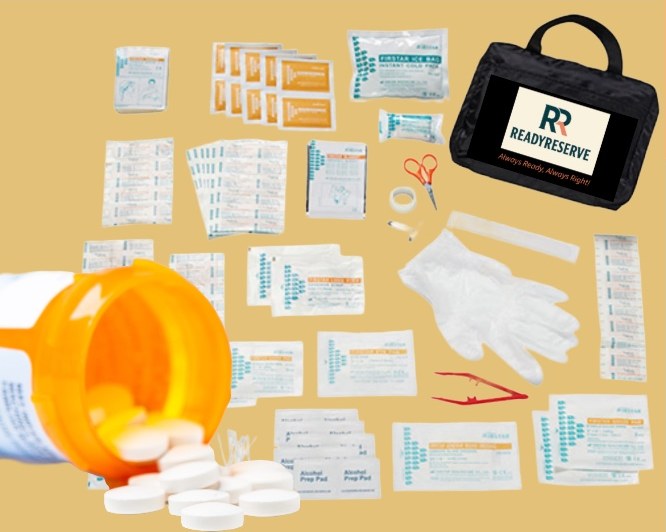The Ready Reserve case with its first aid contents laid out: bandages, gauze pads, alcohol prep pads, an instant cold pack, gloves, scissors, tweezers, and medical tape