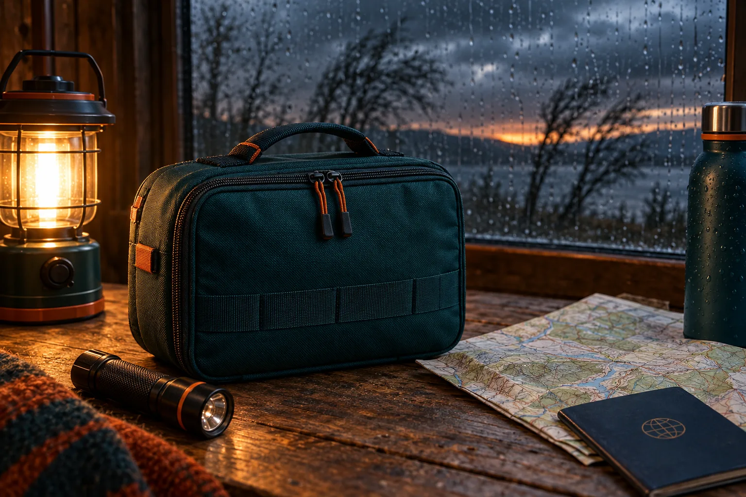 A dark teal Ready Reserve kit case on a wooden table beside a lantern, flashlight, map and water bottle while a storm passes outside