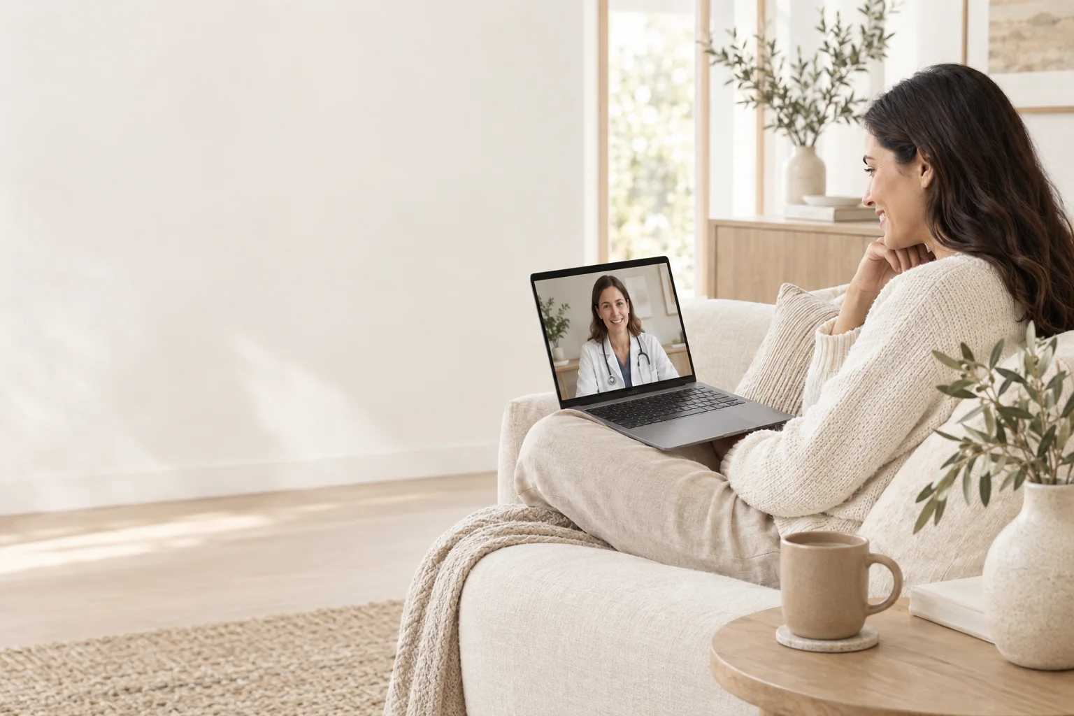 Woman at home on a video visit with a SimpleFixRx physician on her laptop