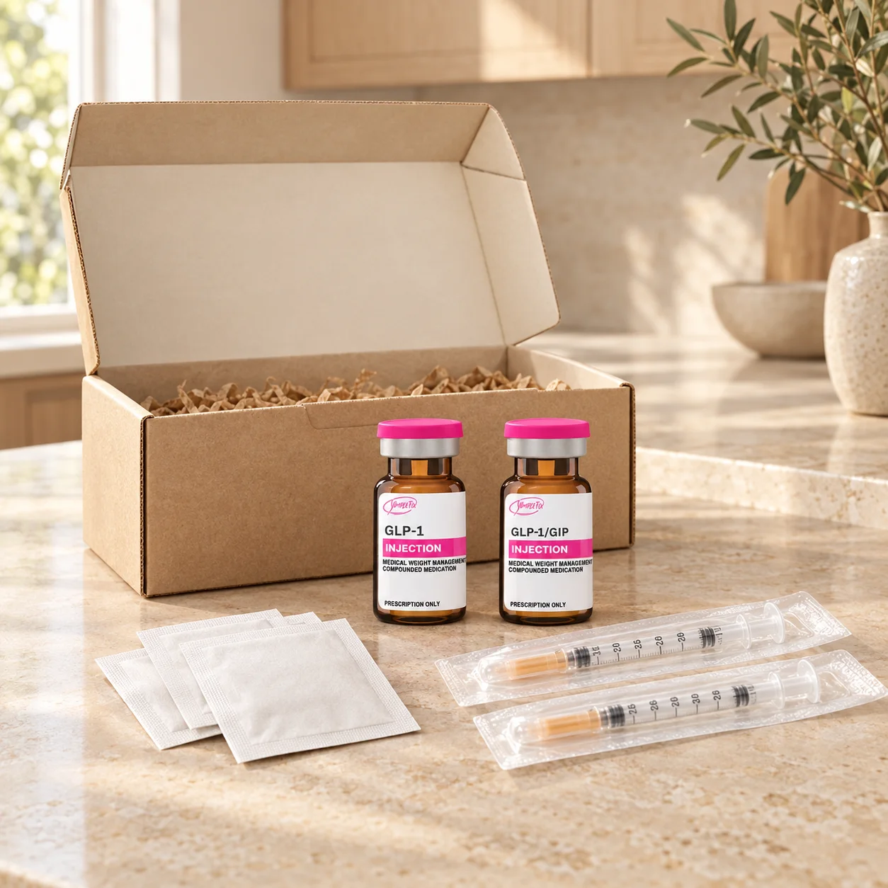 SimpleFixRx delivery box on a kitchen counter with medication vials, syringes and alcohol prep pads