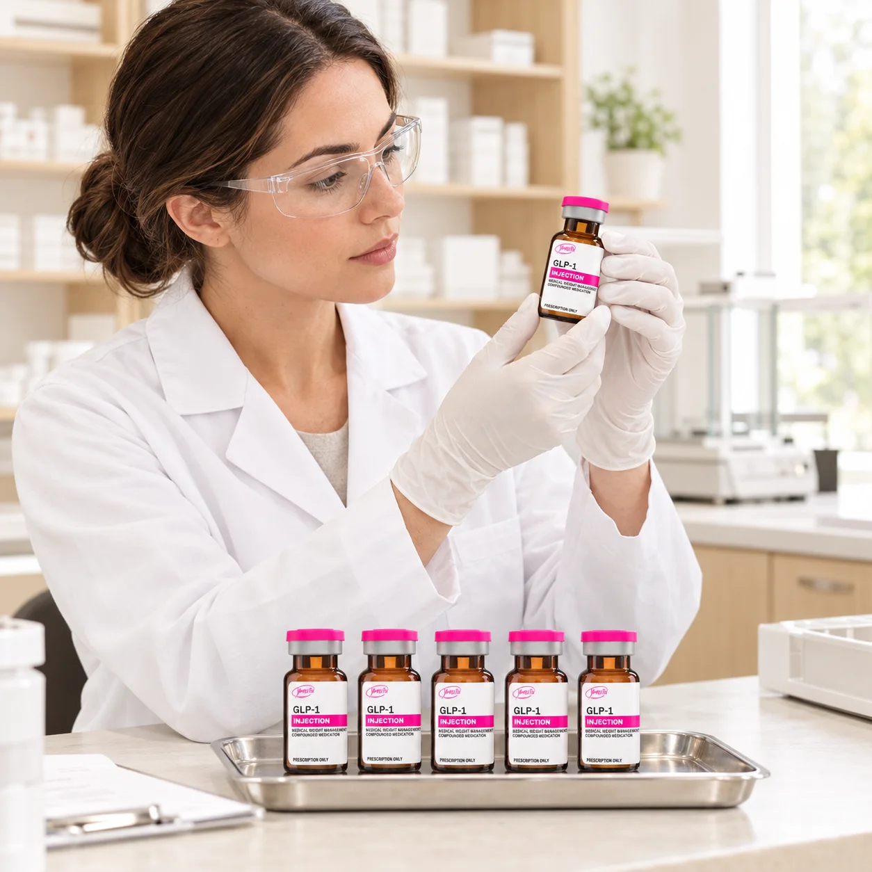 Pharmacist inspecting SimpleFixRx medication vials in a licensed pharmacy