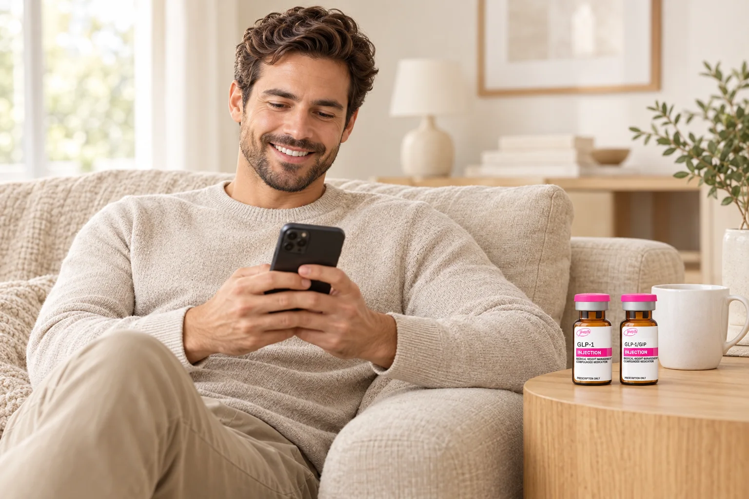 Man texting the SimpleFixRx care team from his sofa with his medication vials nearby