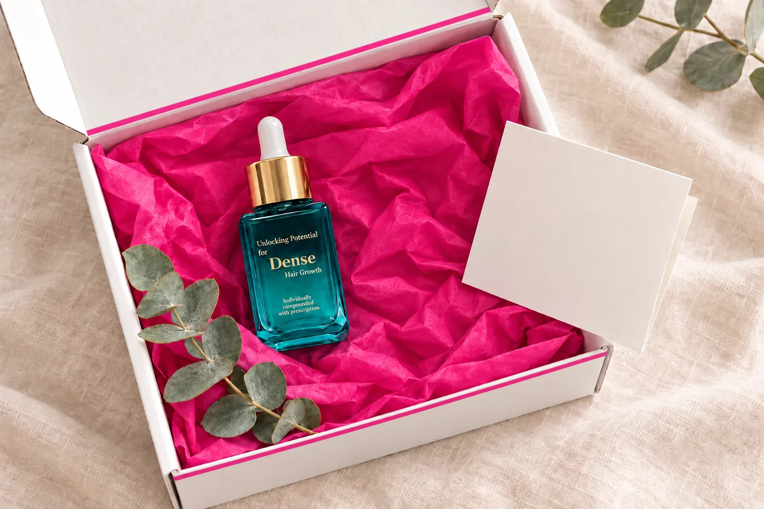 The Complete Bundle unboxed: DENSE Hair Growth Serum in a white SimpleFixRx box with tissue paper