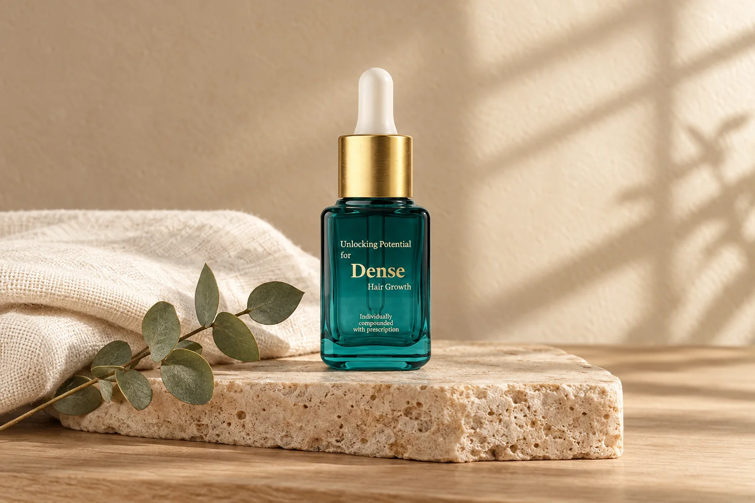 DENSE Hair Growth Serum bottle on a stone tray with an ivory linen towel and eucalyptus