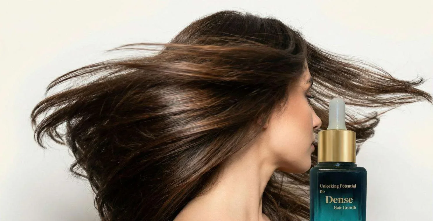 Woman with long, full hair in motion beside a DENSE Hair Growth Serum bottle