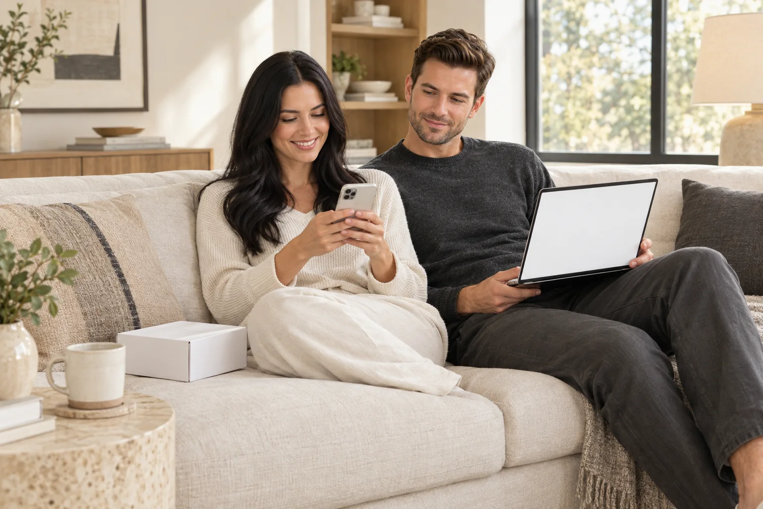 Couple relaxing at home on a sofa, texting the SimpleFixRx care team and reading answers on a laptop