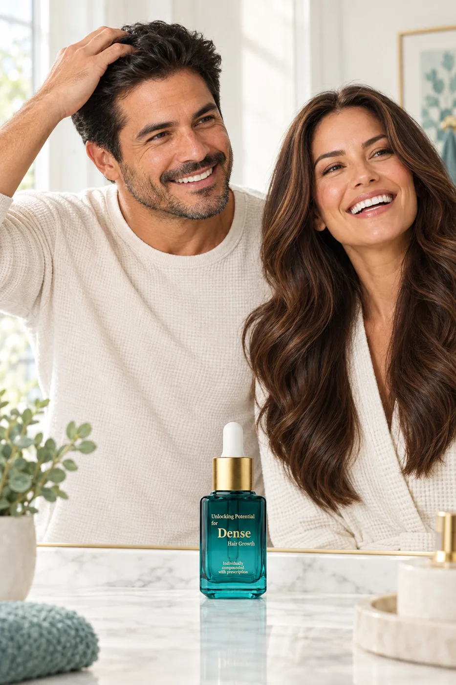 Couple smiling in a bathroom mirror with full, healthy hair and a DENSE Hair Growth Serum bottle on the counter