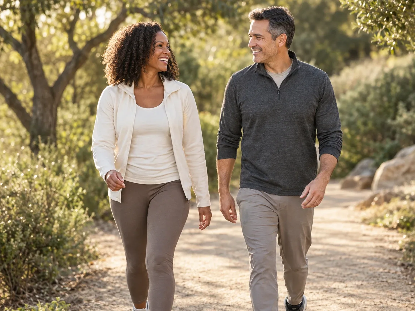 Active couple in their 40s walking outdoors together
