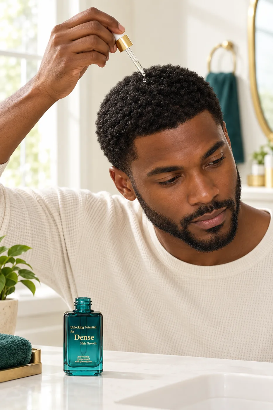 Man applying DENSE serum to his scalp with a dropper as part of his daily routine