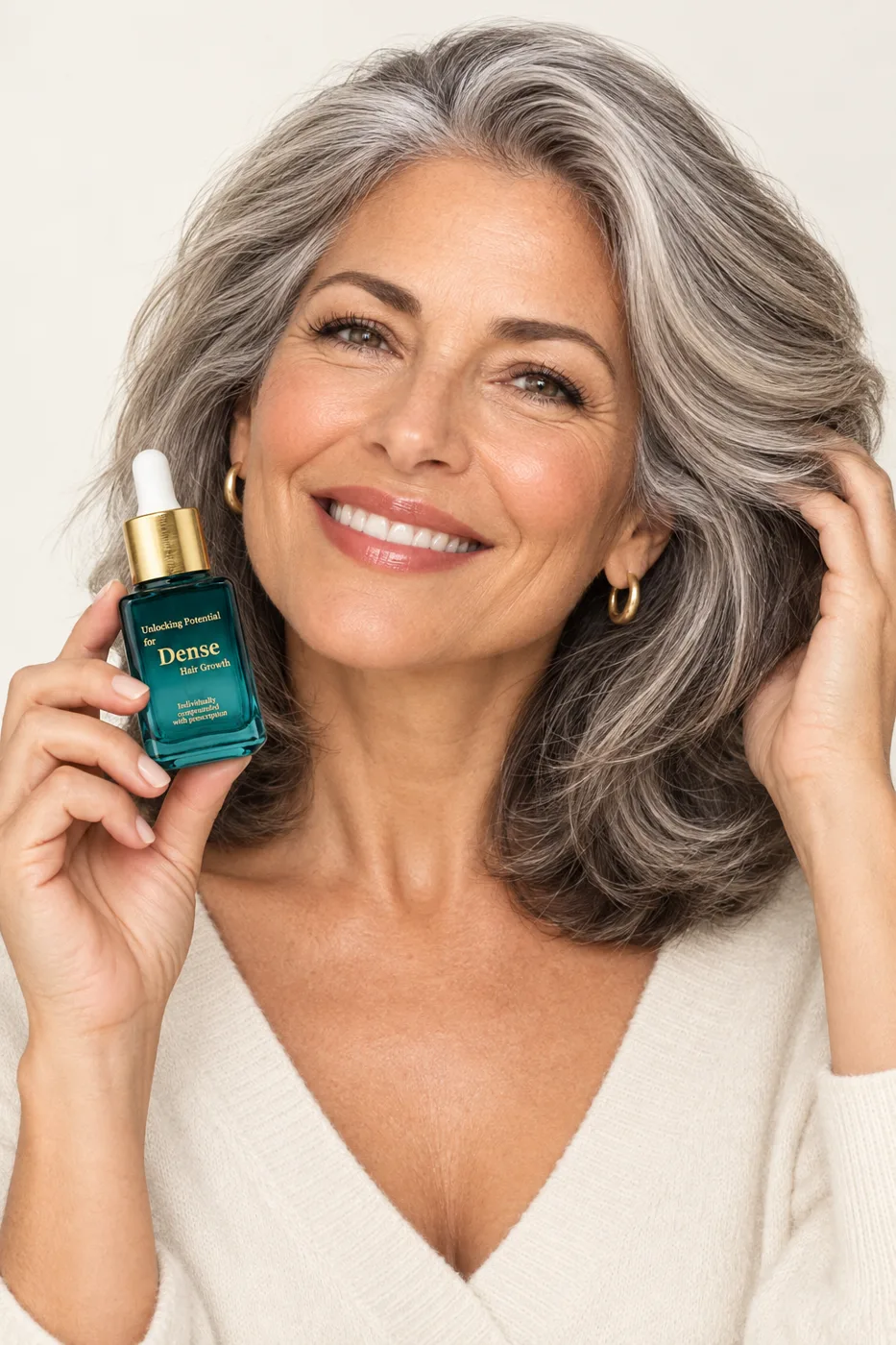 Smiling woman with full silver hair holding a DENSE Hair Growth Serum bottle