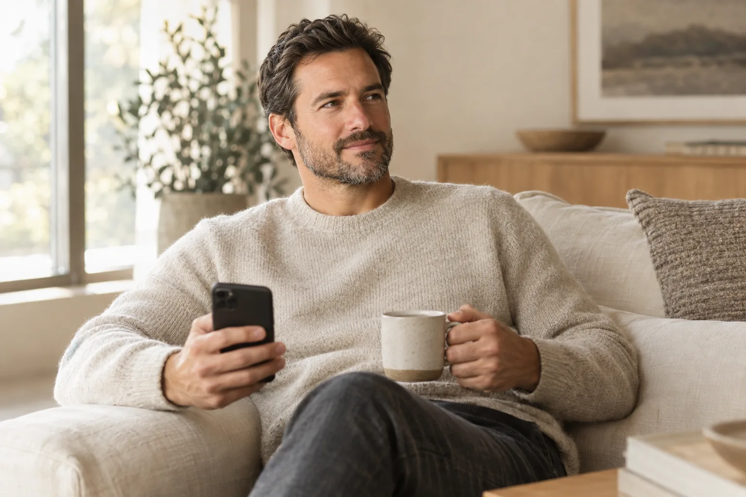 Man relaxing at home with his phone and coffee, preparing for a private online SimpleFixRx visit