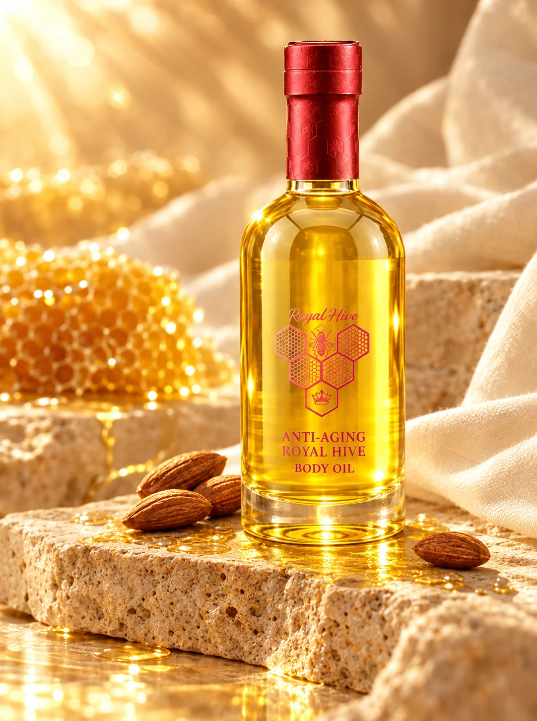 Royal Hive Anti-Aging Body Oil 12 fl oz glass bottle glowing in warm sunlight with almonds