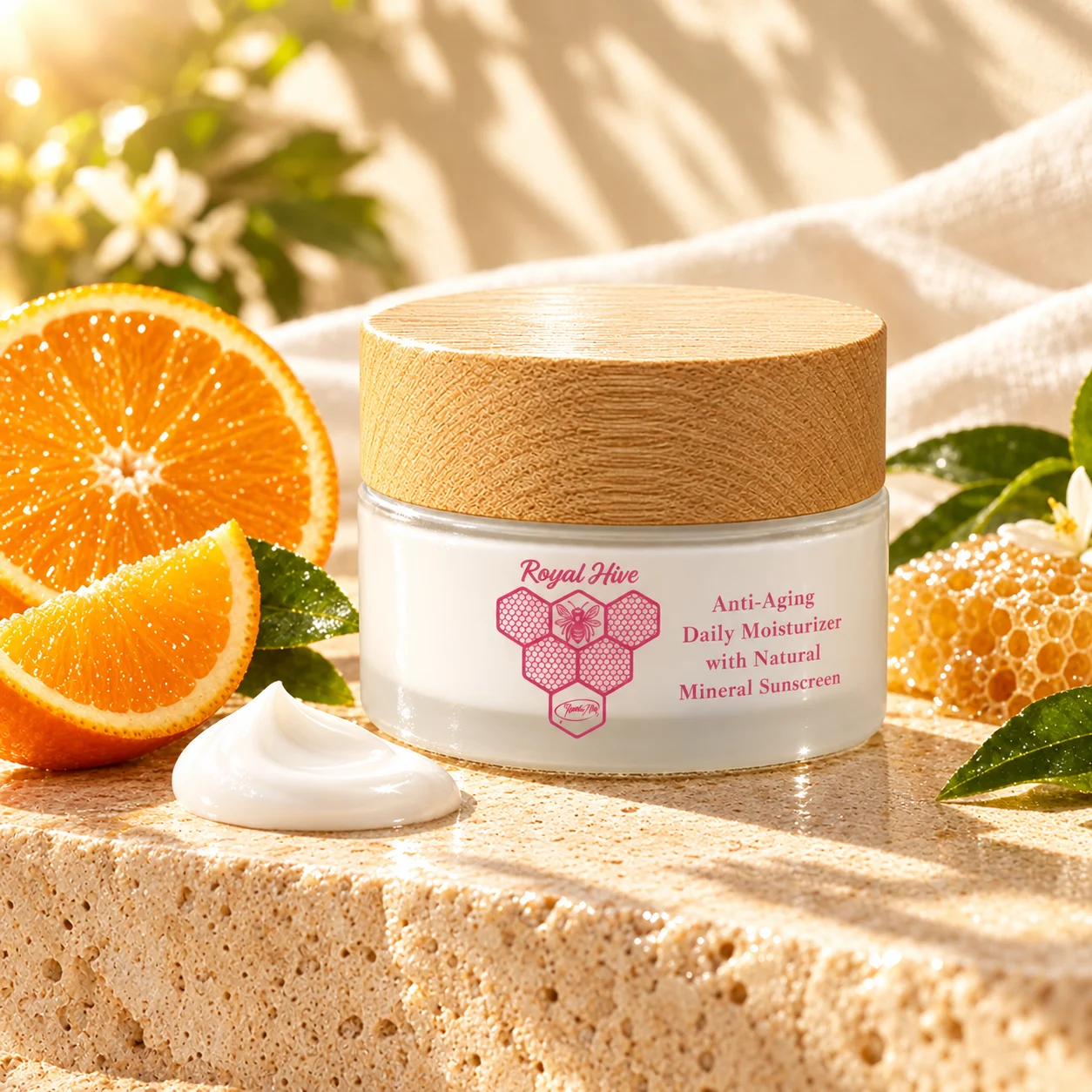 Royal Hive Daily Moisturizer with Zinc Oxide jar in morning sunlight with a fresh orange