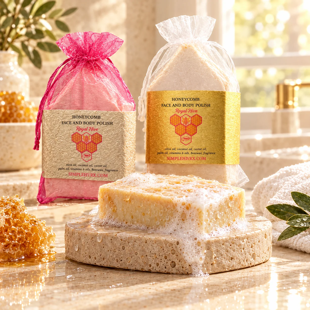 Royal Hive Anti-Acne Facial Polish honeycomb soap bar with lather and mesh bags on a travertine dish