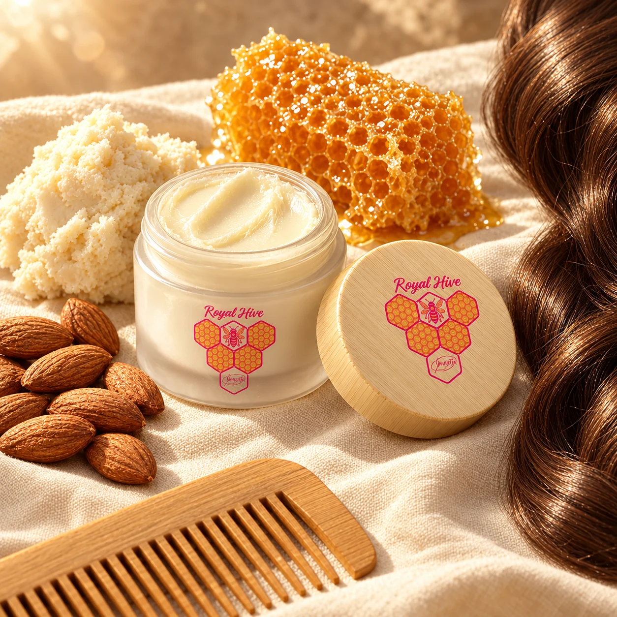 Royal Honeycomb Body and Hair Smoothing Balm jar with honeycomb, a wooden comb and glossy hair