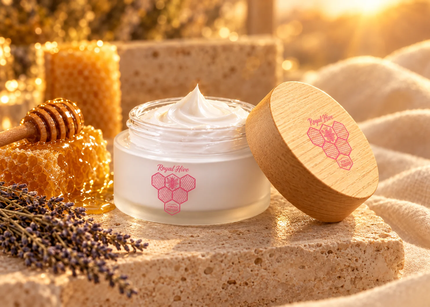 Open jar of Royal Hive Hydration Honey PM Moisturizer night cream with honeycomb and lavender