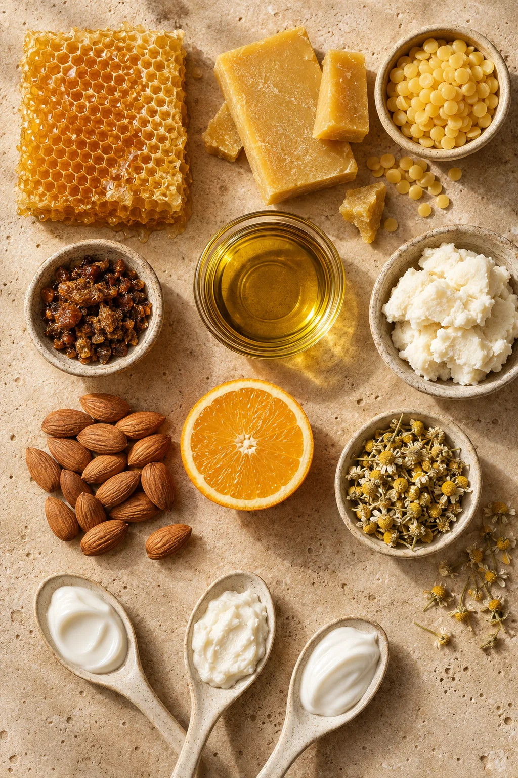 Royal Hive natural ingredients: honeycomb, beeswax, propolis, shea butter, almond and olive oils, orange and chamomile