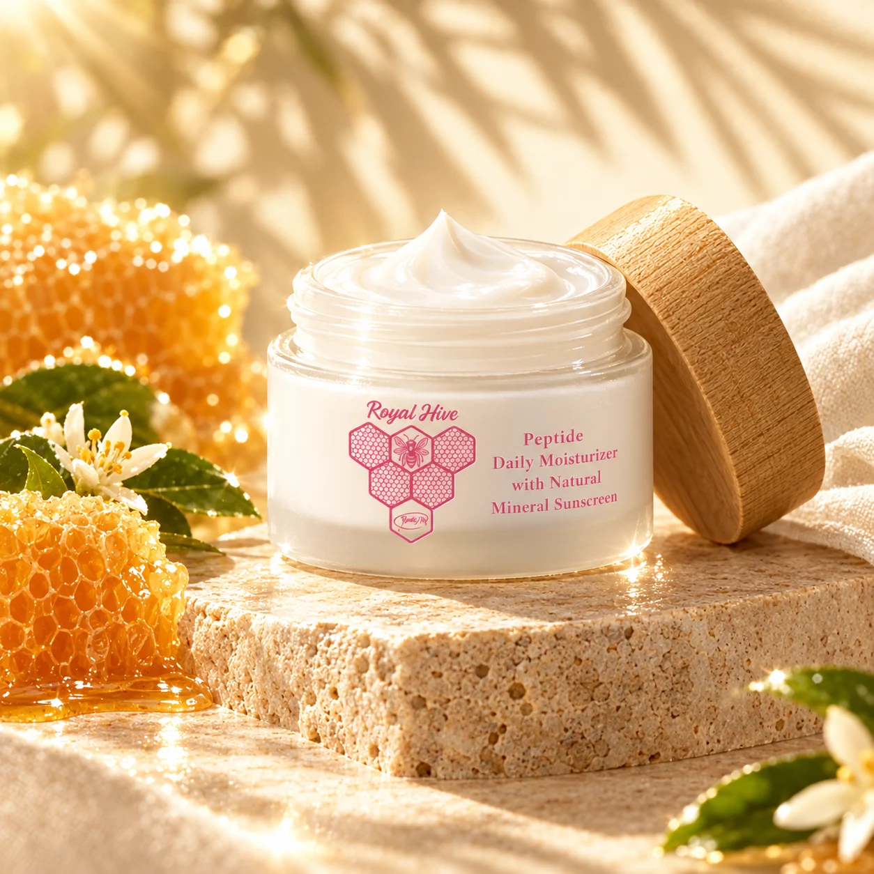 Royal Hive GHK-Cu and Snap-8 peptide moisturizer jar on a travertine pedestal