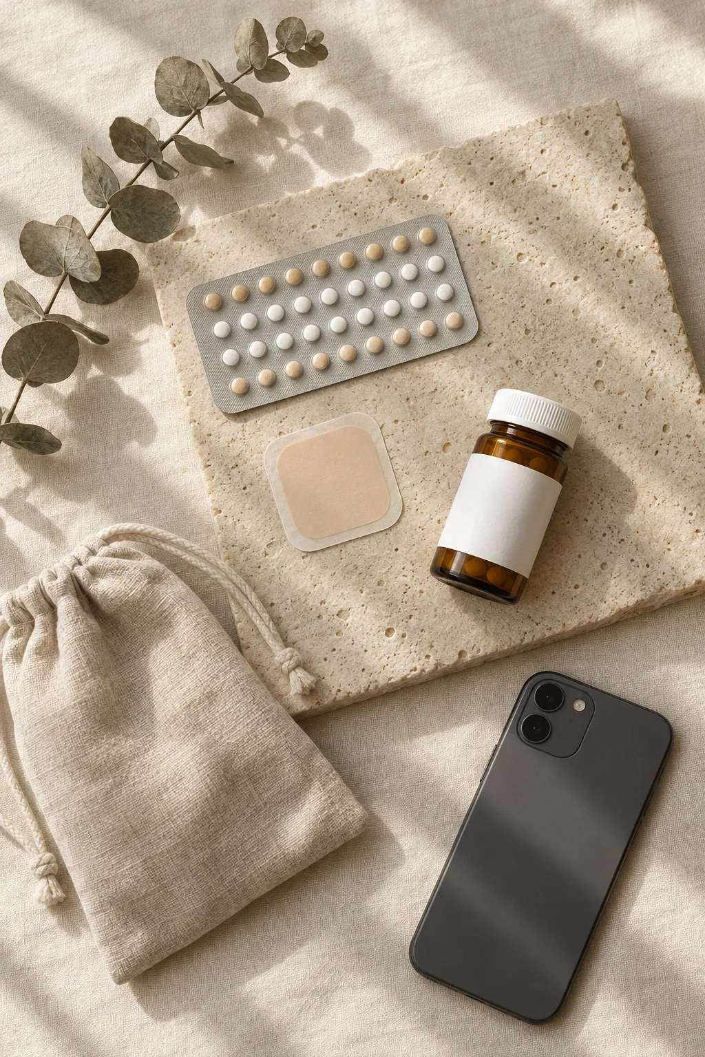 Unbranded birth control pill pack, weekly patch and prescription bottle on ivory linen and travertine