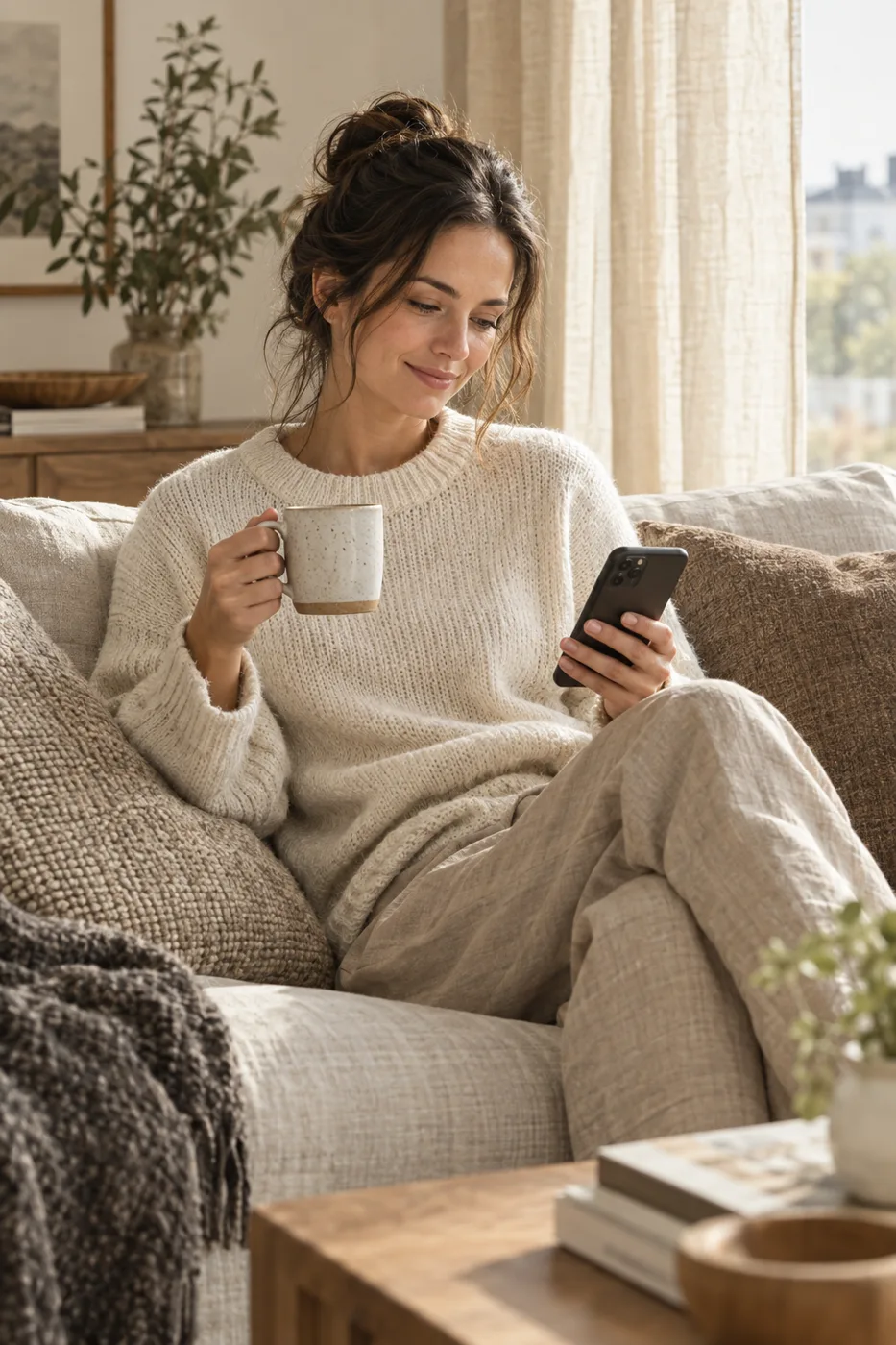 Relaxed woman on a sofa checking her phone