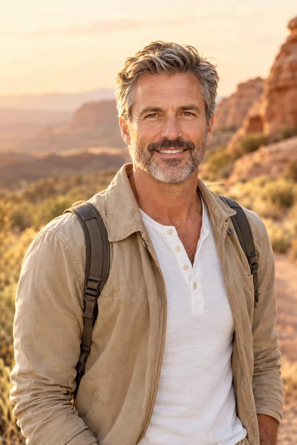 Active silver-haired man hiking a canyon trail, representing NAD+ injections for skin rejuvenation