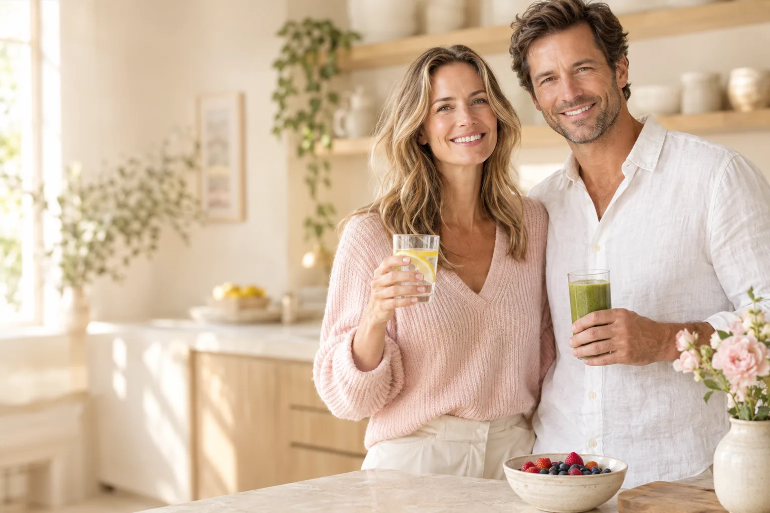 Smiling man and woman in a bright kitchen with water and a green smoothie, starting their day with SimpleFixRx Wellness Plus