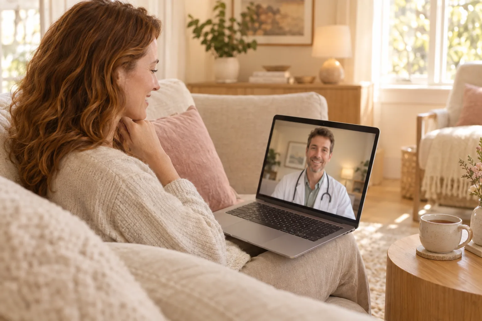 Woman on her sofa during a telehealth wellness visit with a SimpleFixRx physician on her laptop