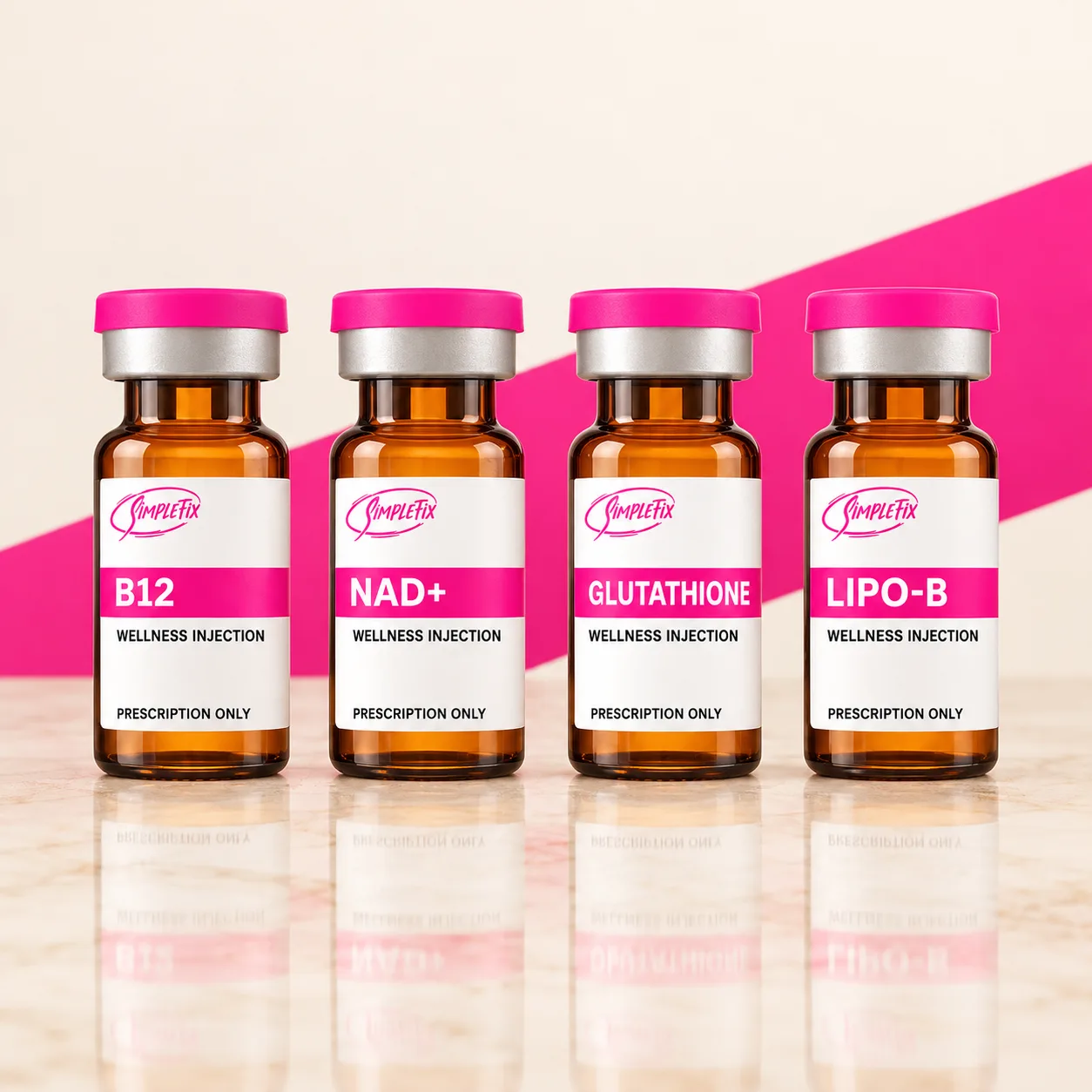 SimpleFixRx wellness injection vials for B12, NAD+, L-Glutathione and Lipo-B