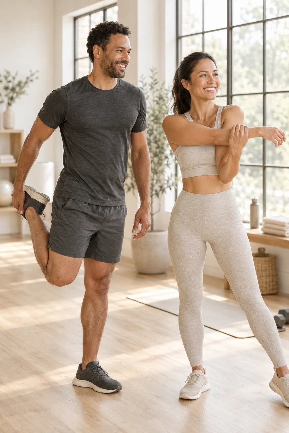 Couple stretching together after a workout at home