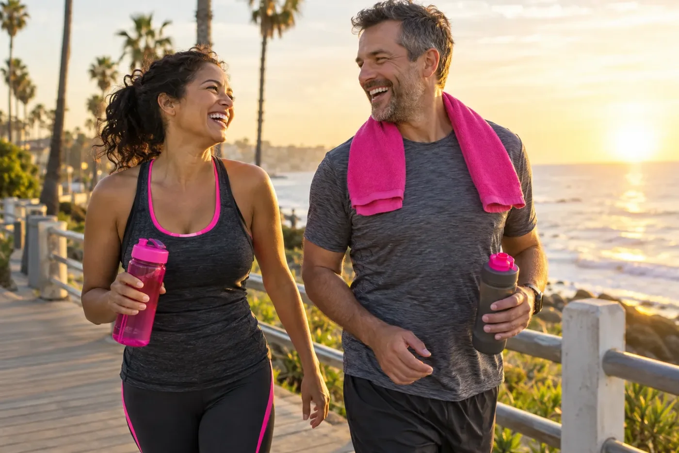 Couple laughing on a sunrise walk along the ocean boardwalk, enjoying an energized wellness routine