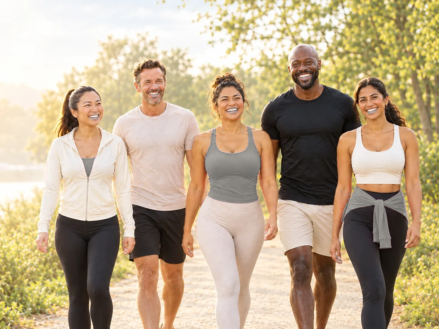 Diverse group of smiling men and women walking outdoors, showing SimpleFixRx online weight loss is for everyone