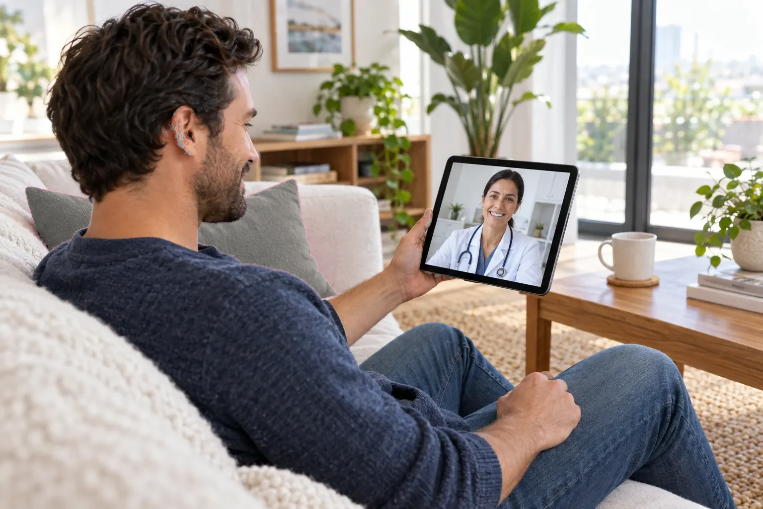 Man on his sofa during a telehealth visit with a SimpleFixRx physician on a tablet